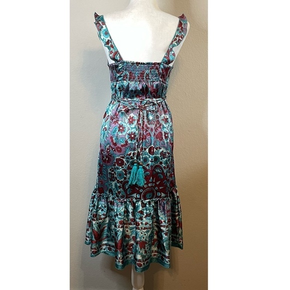 Nolita 100% Silk Boho Midi Length Sleeveless Tiered Dress Turquoise Blue Floral - Picture 6 of 13